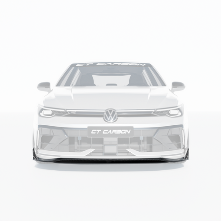 Digital rendering of a CT Carbon fiber front splitter and bumper extensions designed for the VW Golf MK8 R, shown against a white background.