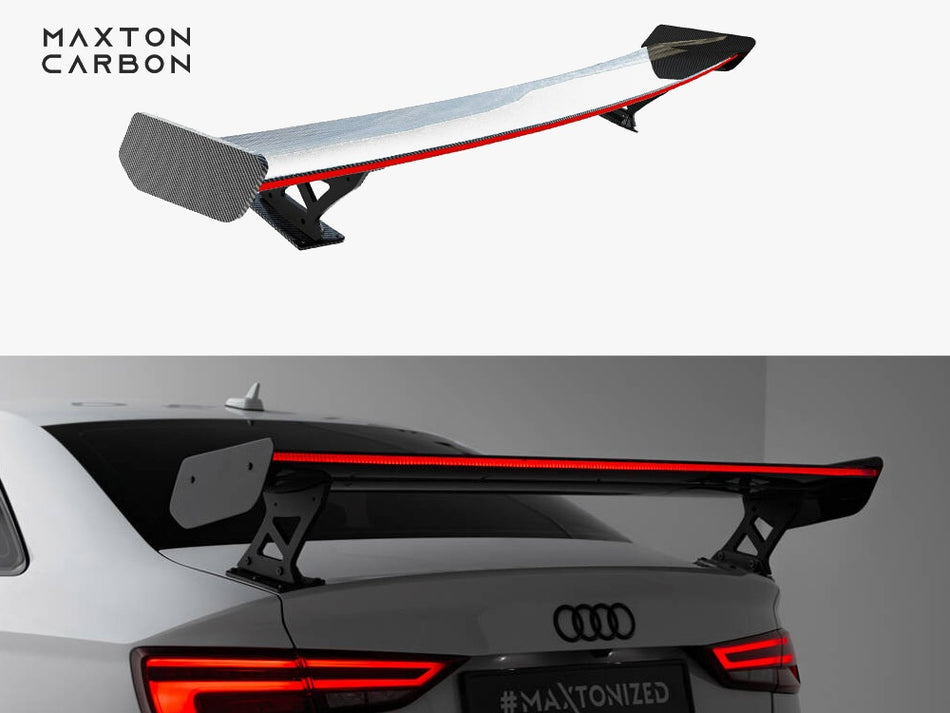 Maxton Design Carbon Spoiler With External Brackets Uprights + LED Audi A3 / A3 S-Line / S3 / RS3 Sedan 8V / 8V Facelift - CF-AU-S3-8V-S-WING5-EXT-245-P+LED - Image 1