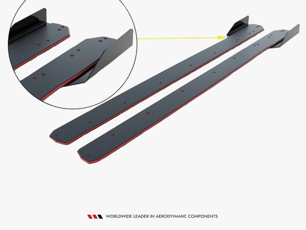 Street PRO Side Skirts Diffusers V.1 + Flaps Ford Mustang GT Mk6 Facelift - Black-Red + Gloss Flaps