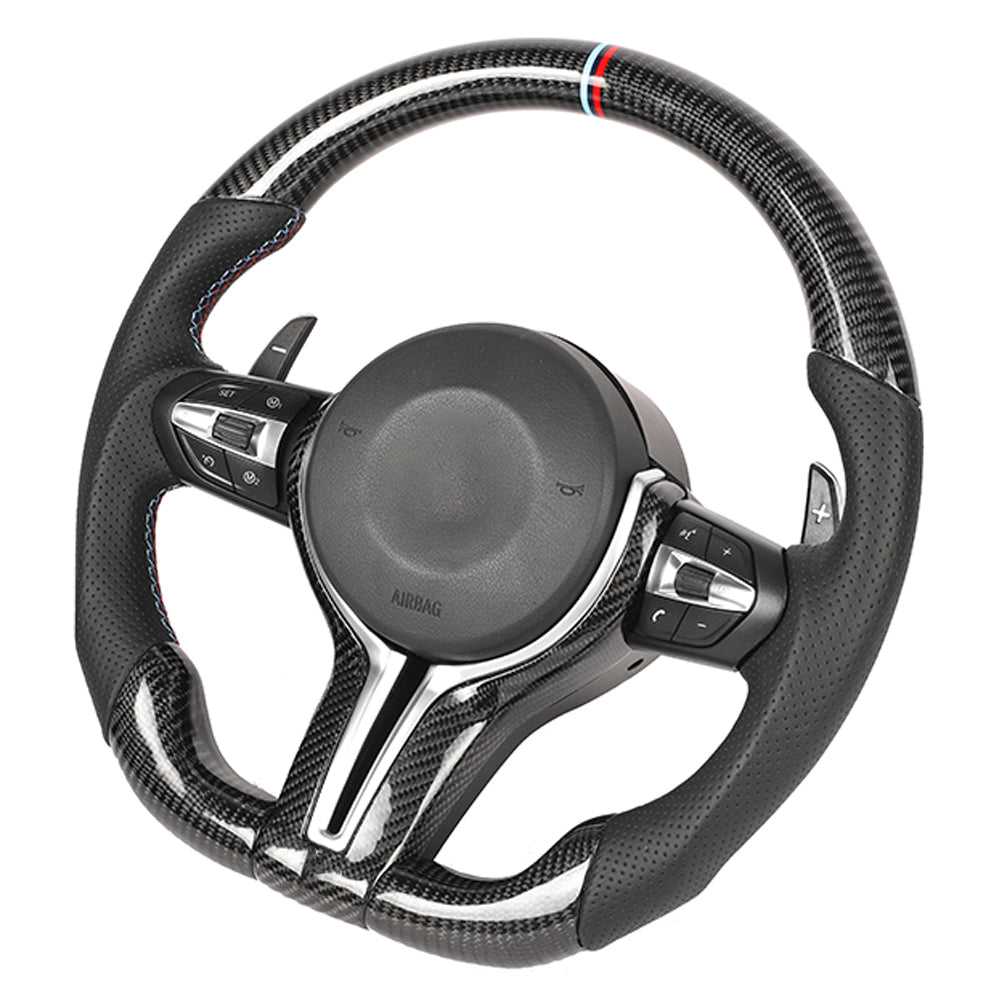 BMW FXX CARBON FIBRE / LEATHER FLAT BOTTOM CUSTOM STEERING WHEEL-Custom Steering Wheels-CT CARBON-CT Carbon - High-quality carbon fiber and gloss black aerodynamic parts for premium sports and luxury vehicles.