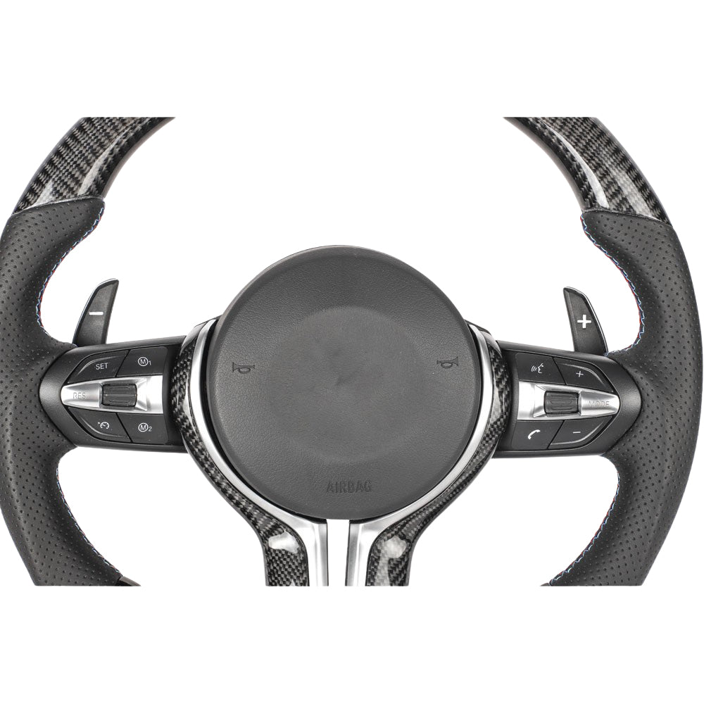 BMW FXX CARBON FIBRE / LEATHER FLAT BOTTOM CUSTOM STEERING WHEEL-Custom Steering Wheels-CT CARBON-CT Carbon - High-quality carbon fiber and gloss black aerodynamic parts for premium sports and luxury vehicles.