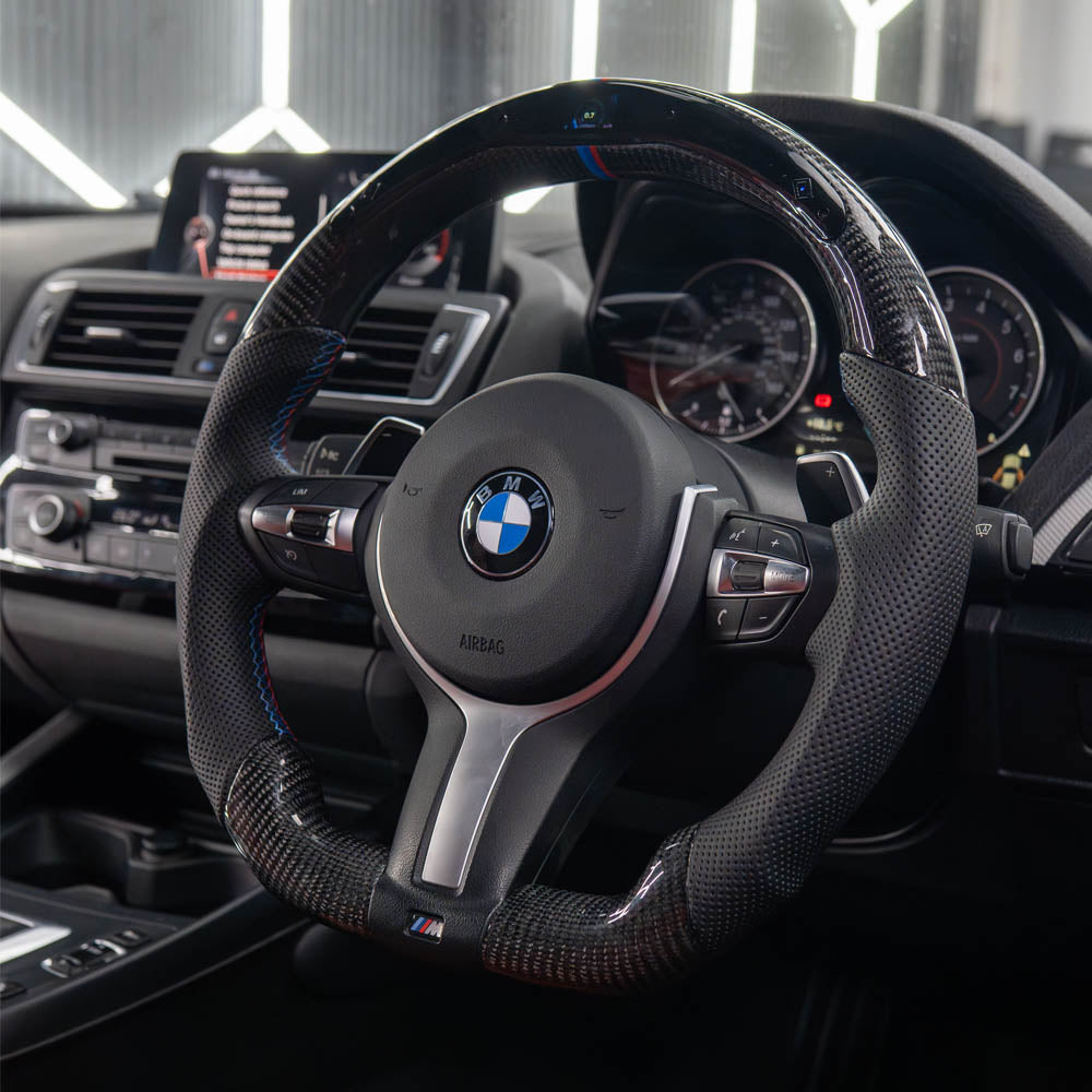 BMW FXX CARBON FIBRE / LEATHER / LED FLAT BOTTOM CUSTOM STEERING WHEEL-Custom Steering Wheels-CT CARBON-CT Carbon - High-quality carbon fiber and gloss black aerodynamic parts for premium sports and luxury vehicles.