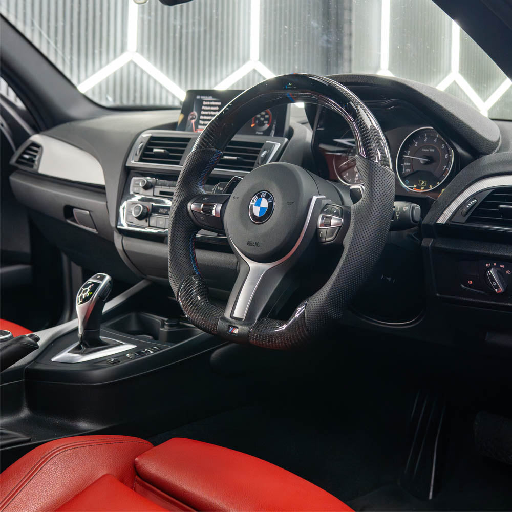 BMW FXX CARBON FIBRE / LEATHER / LED FLAT BOTTOM CUSTOM STEERING WHEEL-Custom Steering Wheels-CT CARBON-CT Carbon - High-quality carbon fiber and gloss black aerodynamic parts for premium sports and luxury vehicles.