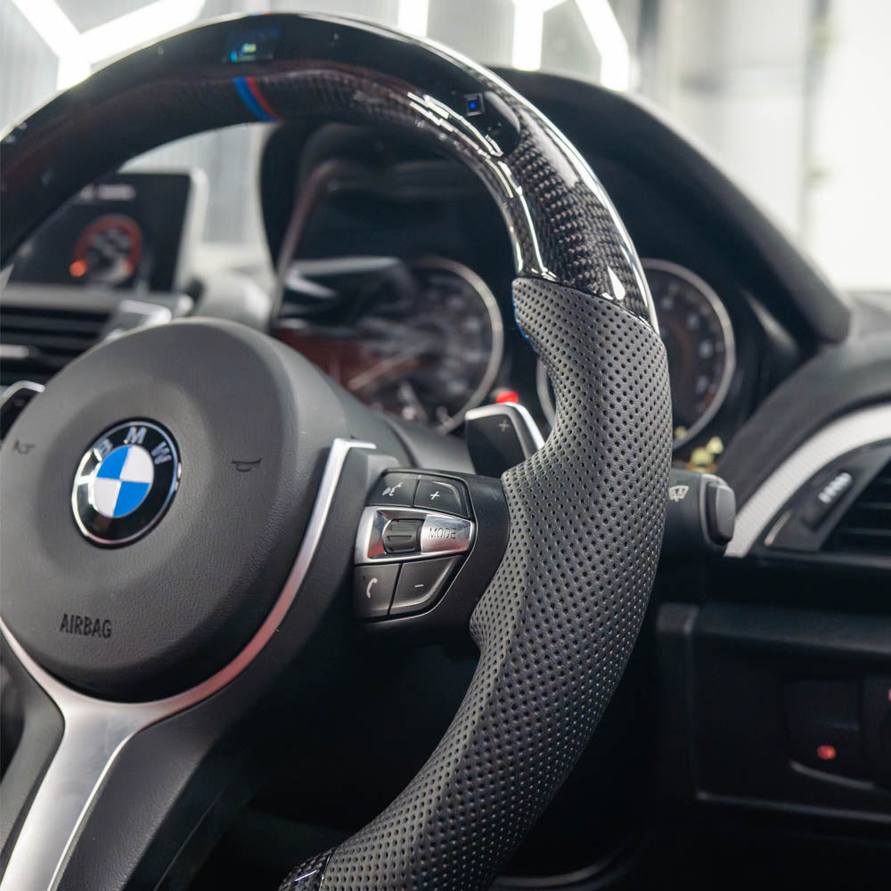 BMW FXX CARBON FIBRE / LEATHER / LED FLAT BOTTOM CUSTOM STEERING WHEEL-Custom Steering Wheels-CT CARBON-CT Carbon - High-quality carbon fiber and gloss black aerodynamic parts for premium sports and luxury vehicles.