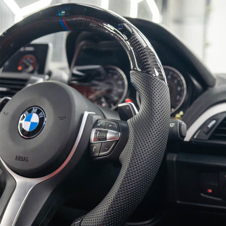 BMW FXX CARBON FIBRE / LEATHER / LED FLAT BOTTOM CUSTOM STEERING WHEEL-Custom Steering Wheels-CT CARBON-CT Carbon - High-quality carbon fiber and gloss black aerodynamic parts for premium sports and luxury vehicles.