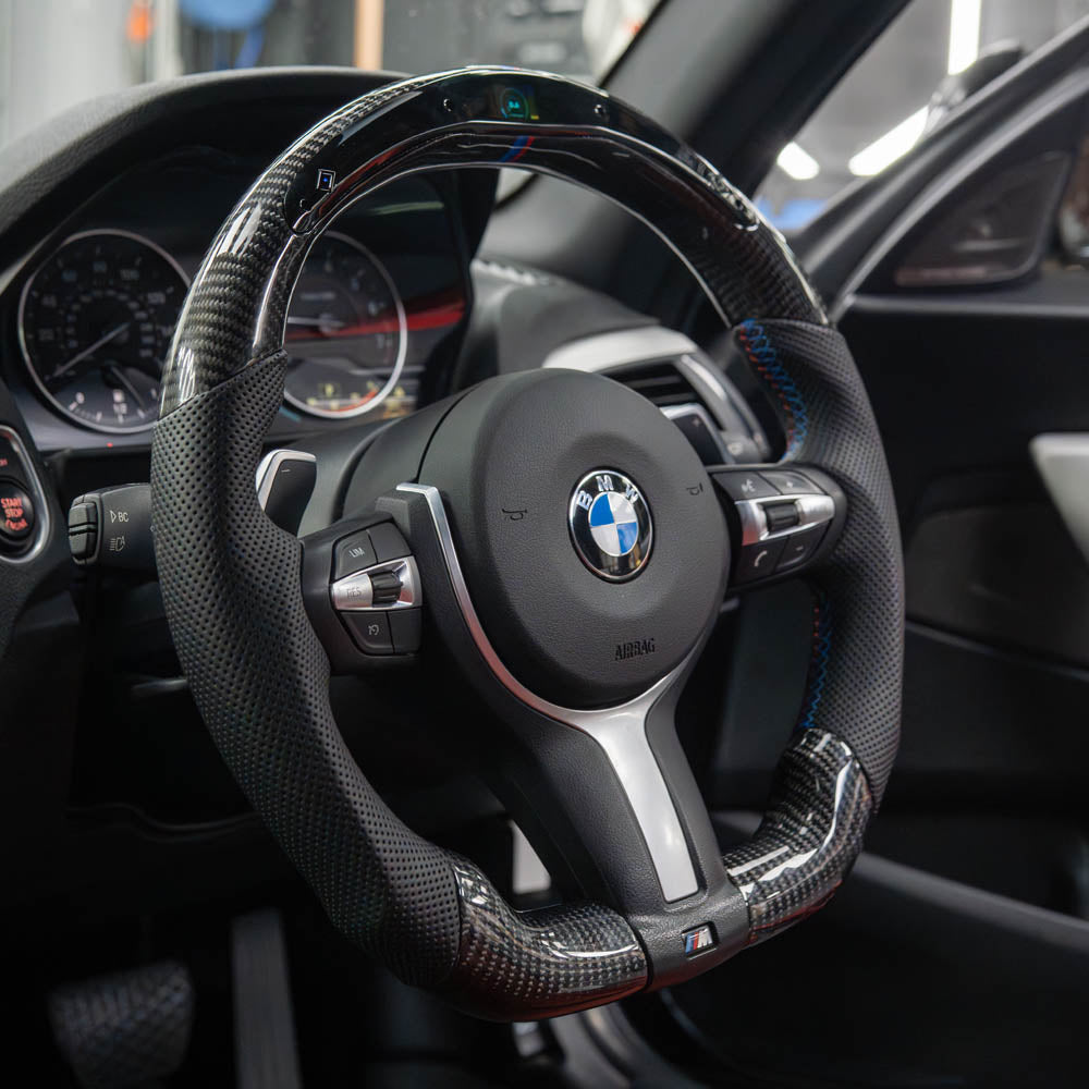 BMW FXX CARBON FIBRE / LEATHER / LED FLAT BOTTOM CUSTOM STEERING WHEEL-Custom Steering Wheels-CT CARBON-CT Carbon - High-quality carbon fiber and gloss black aerodynamic parts for premium sports and luxury vehicles.