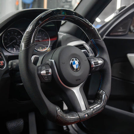 BMW FXX CARBON FIBRE / LEATHER / LED FLAT BOTTOM CUSTOM STEERING WHEEL-Custom Steering Wheels-CT CARBON-CT Carbon - High-quality carbon fiber and gloss black aerodynamic parts for premium sports and luxury vehicles.