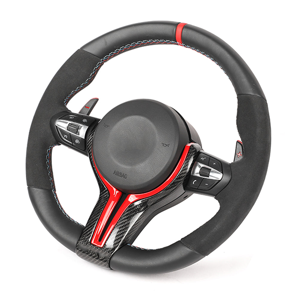 BMW FXX LEATHER / ALCANTARA / FLAT BOTTOM CUSTOM STEERING WHEEL-Custom Steering Wheels-CT CARBON-CT Carbon - High-quality carbon fiber and gloss black aerodynamic parts for premium sports and luxury vehicles.