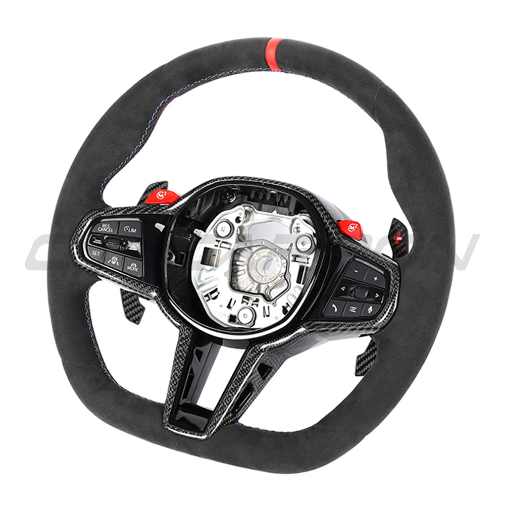 BMW GXX LCI ALCANTARA FLAT BOTTOM CUSTOM STEERING WHEEL-Custom Steering Wheels-CT CARBON-CT Carbon - High-quality carbon fiber and gloss black aerodynamic parts for premium sports and luxury vehicles.