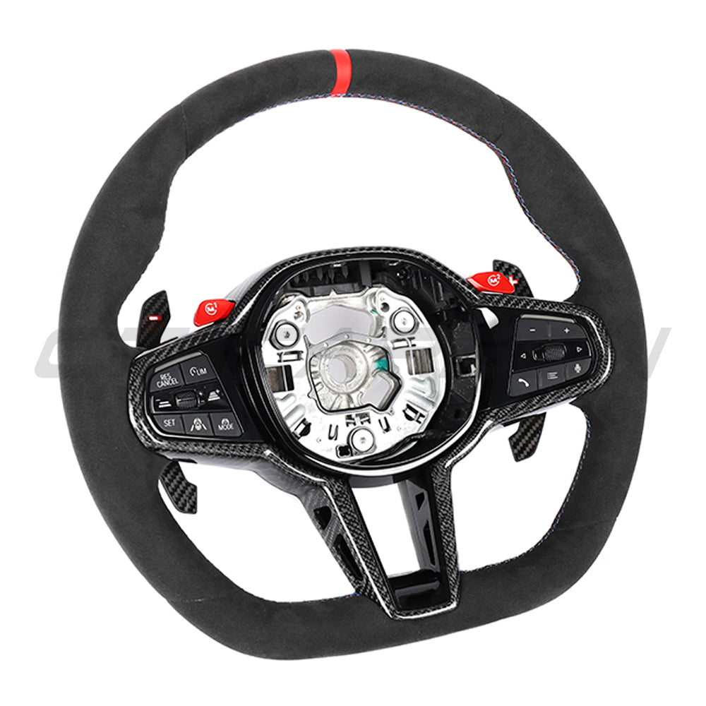 BMW GXX LCI ALCANTARA FLAT BOTTOM CUSTOM STEERING WHEEL-Custom Steering Wheels-CT CARBON-CT Carbon - High-quality carbon fiber and gloss black aerodynamic parts for premium sports and luxury vehicles.