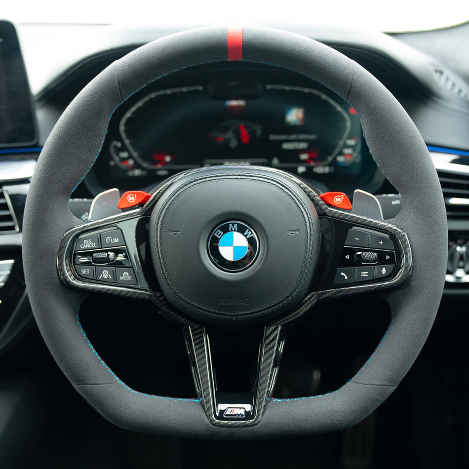 BMW GXX LCI ALCANTARA FLAT BOTTOM CUSTOM STEERING WHEEL-Custom Steering Wheels-CT CARBON-CT Carbon - High-quality carbon fiber and gloss black aerodynamic parts for premium sports and luxury vehicles.