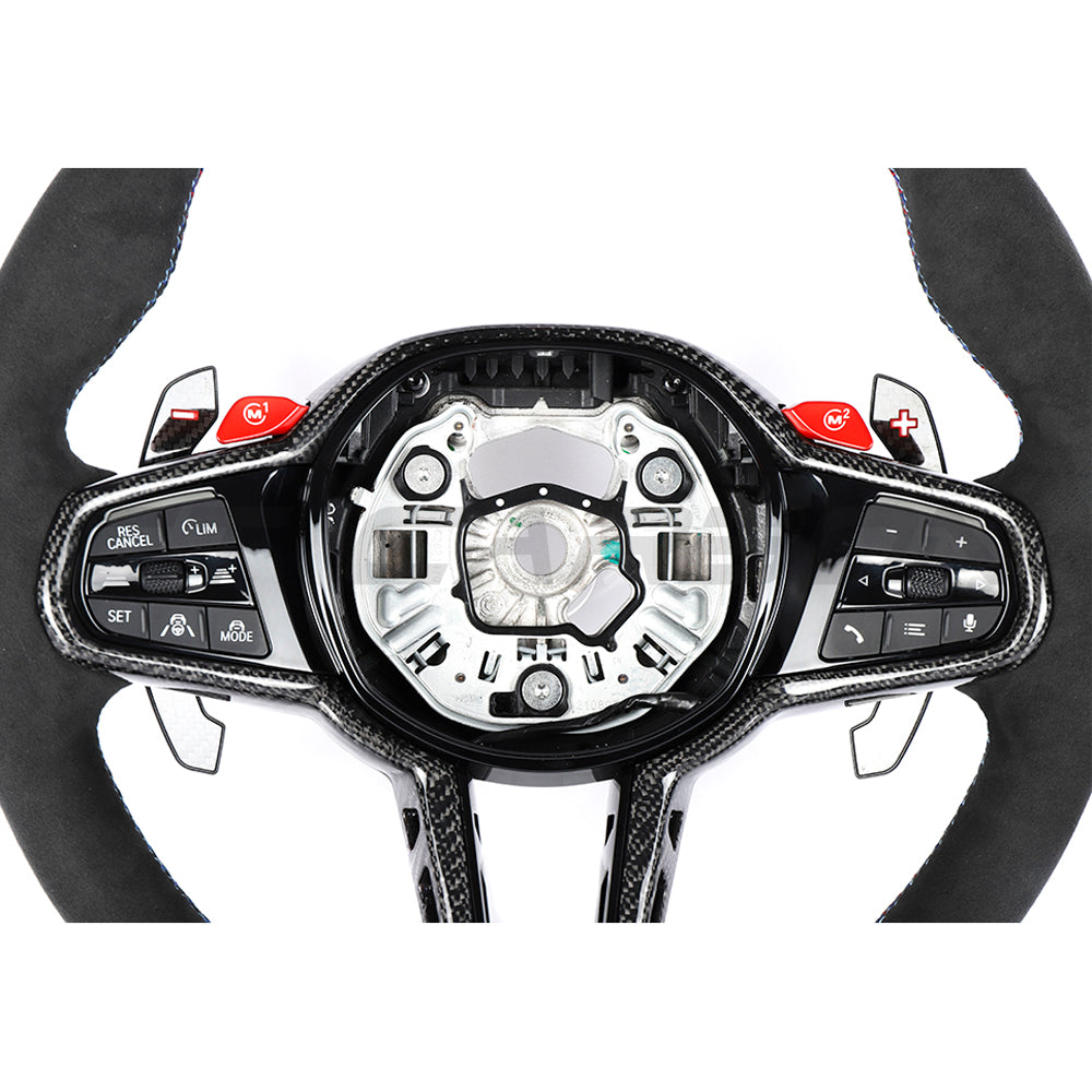 BMW GXX LCI ALCANTARA FLAT BOTTOM CUSTOM STEERING WHEEL-Custom Steering Wheels-CT CARBON-CT Carbon - High-quality carbon fiber and gloss black aerodynamic parts for premium sports and luxury vehicles.