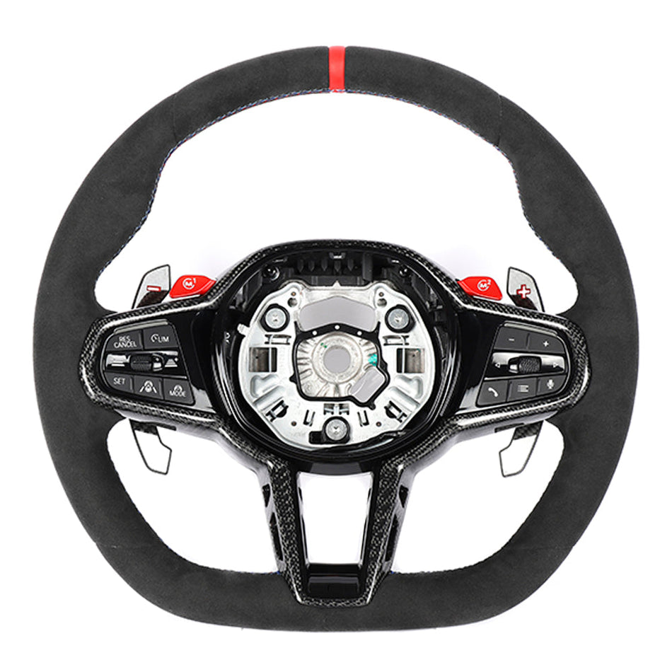 BMW GXX LCI ALCANTARA FLAT BOTTOM CUSTOM STEERING WHEEL-Custom Steering Wheels-CT CARBON-CT Carbon - High-quality carbon fiber and gloss black aerodynamic parts for premium sports and luxury vehicles.