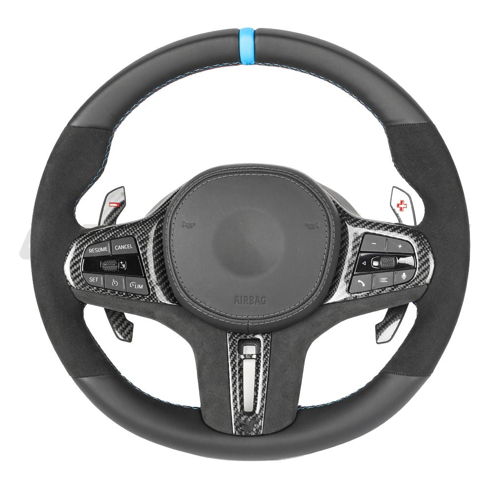 BMW Gxx ALCANTARA/LEATHER FLAT BOTTOM CUSTOM STEERING WHEEL-Custom Steering Wheels-CT CARBON-CT Carbon - High-quality carbon fiber and gloss black aerodynamic parts for premium sports and luxury vehicles.