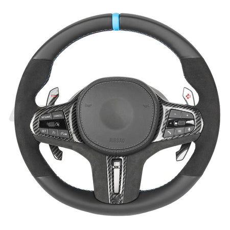 BMW Gxx ALCANTARA/LEATHER FLAT BOTTOM CUSTOM STEERING WHEEL-Custom Steering Wheels-CT CARBON-CT Carbon - High-quality carbon fiber and gloss black aerodynamic parts for premium sports and luxury vehicles.