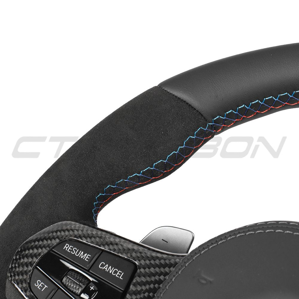 BMW Gxx ALCANTARA/LEATHER FLAT BOTTOM CUSTOM STEERING WHEEL-Custom Steering Wheels-CT CARBON-CT Carbon - High-quality carbon fiber and gloss black aerodynamic parts for premium sports and luxury vehicles.