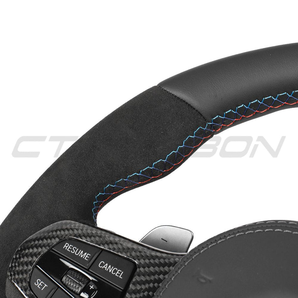 BMW Gxx ALCANTARA/LEATHER FLAT BOTTOM CUSTOM STEERING WHEEL-Custom Steering Wheels-CT CARBON-CT Carbon - High-quality carbon fiber and gloss black aerodynamic parts for premium sports and luxury vehicles.