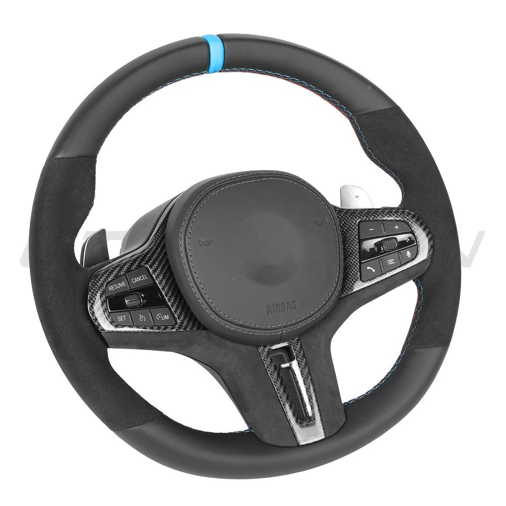 BMW Gxx ALCANTARA/LEATHER FLAT BOTTOM CUSTOM STEERING WHEEL-Custom Steering Wheels-CT CARBON-CT Carbon - High-quality carbon fiber and gloss black aerodynamic parts for premium sports and luxury vehicles.
