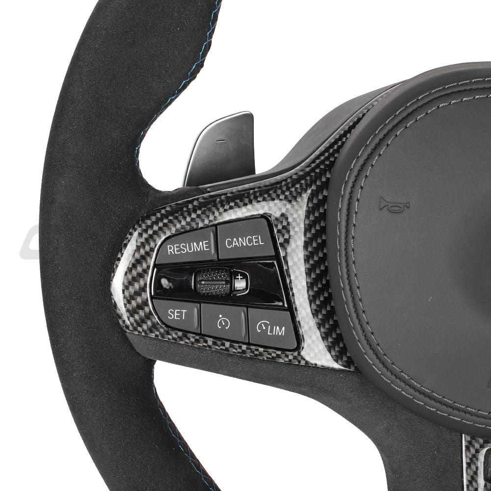 BMW Gxx ALCANTARA/LEATHER FLAT BOTTOM CUSTOM STEERING WHEEL-Custom Steering Wheels-CT CARBON-CT Carbon - High-quality carbon fiber and gloss black aerodynamic parts for premium sports and luxury vehicles.