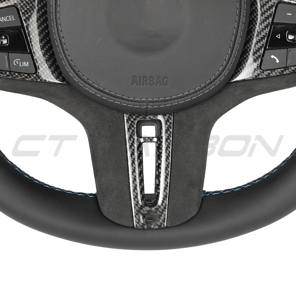BMW Gxx ALCANTARA/LEATHER FLAT BOTTOM CUSTOM STEERING WHEEL-Custom Steering Wheels-CT CARBON-CT Carbon - High-quality carbon fiber and gloss black aerodynamic parts for premium sports and luxury vehicles.
