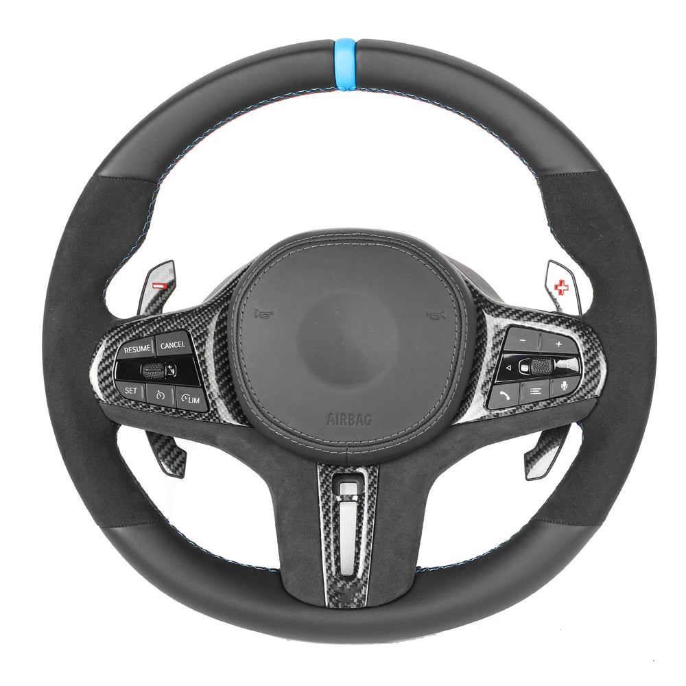BMW Gxx ALCANTARA/LEATHER FLAT BOTTOM CUSTOM STEERING WHEEL-Custom Steering Wheels-CT CARBON-CT Carbon - High-quality carbon fiber and gloss black aerodynamic parts for premium sports and luxury vehicles.