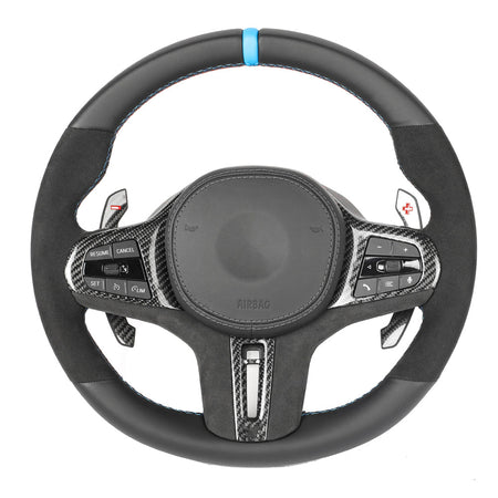 BMW Gxx ALCANTARA/LEATHER FLAT BOTTOM CUSTOM STEERING WHEEL-Custom Steering Wheels-CT CARBON-CT Carbon - High-quality carbon fiber and gloss black aerodynamic parts for premium sports and luxury vehicles.