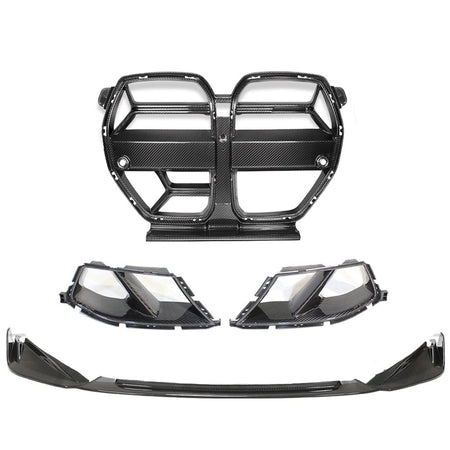 BMW M3/M4 G80/G81/G82/G83 CARBON FIBRE FRONT END PACK - V1 WITH ACC-Front End Pack-CT CARBON-CT Carbon - High-quality carbon fiber and gloss black aerodynamic parts for premium sports and luxury vehicles.