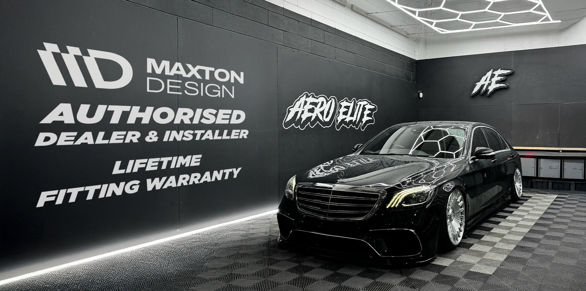 Mercedes S Class fitted with Maxton Design front splitter at Aero Elite showroom in Wimborne, Three Legged Cross, Dorset.