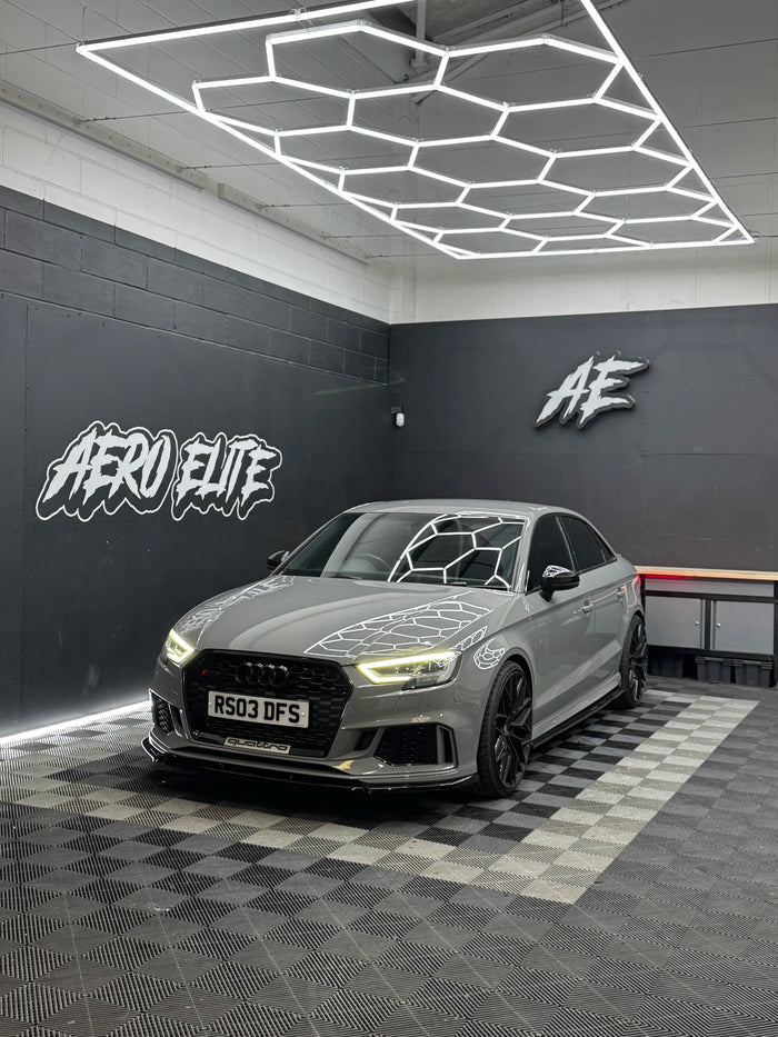 Audi RS3 8V after Maxton Design bodykit fitment — front splitter, side skirts and diffuser