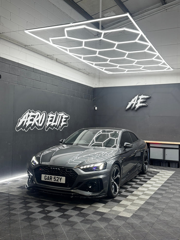 Audi RS5 B9.5 after front splitter, side skirts, rear bumper corners and wheel refurbishment, Aero Elite styling upgrade
