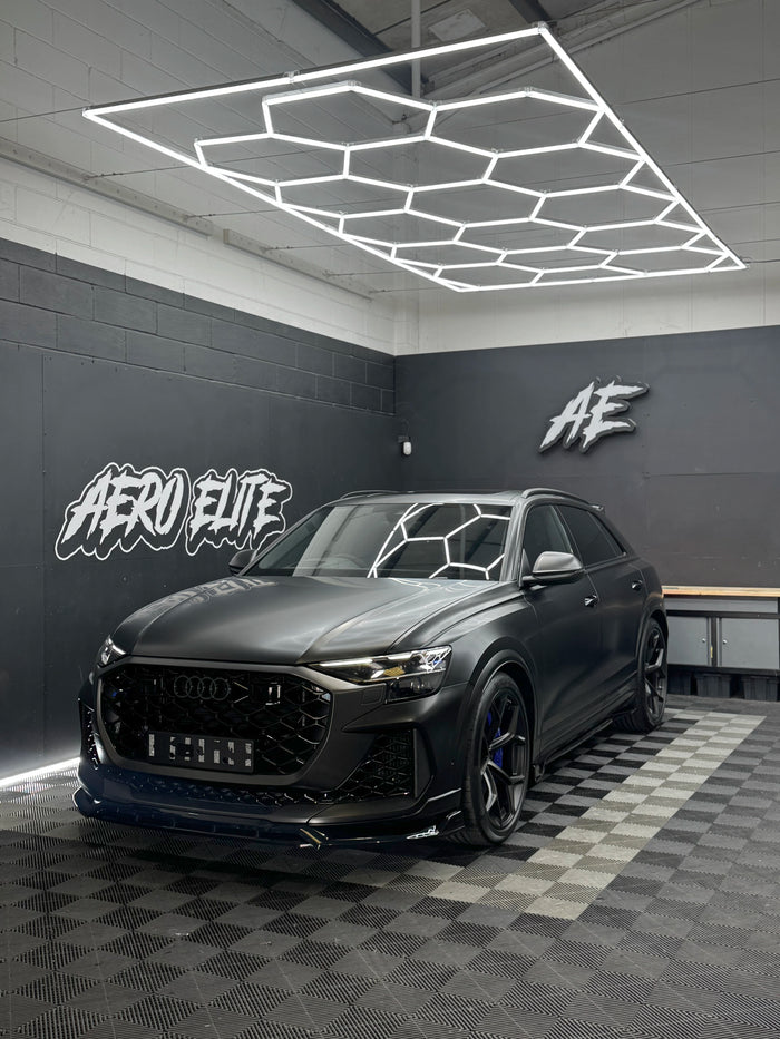 Audi RSQ8 MK1 Facelift after Aero Elite full bodykit fitment — front splitter, side skirts, boot spoiler, roof spoiler and rear splitter