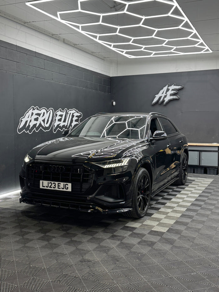 Audi SQ8 MK1 front three-quarter hero shot after splitter fitment