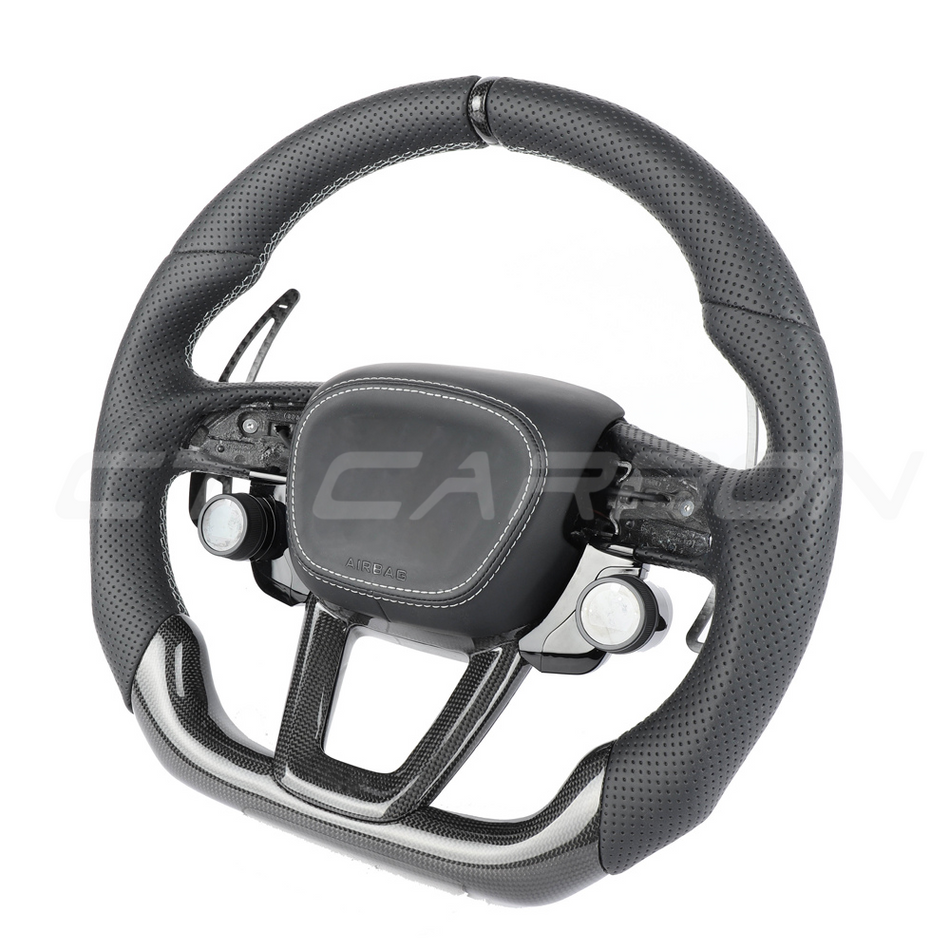 AUDI RSQ8 LEATHER / CARBON FIBRE WITH SWITCHES FLAT BOTTOM CUSTOM STEERING WHEEL