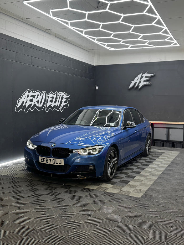 BMW 3 Series F30 front three-quarter view after splitter, side skirts, diffuser and spoiler, Aero Elite styling upgrade