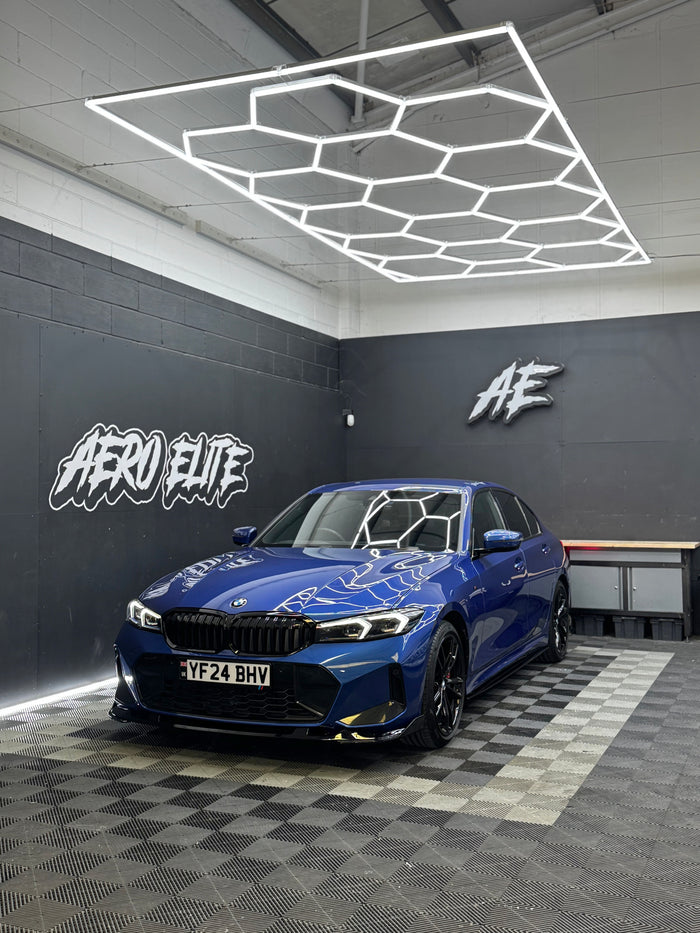 BMW 3 Series G20 front three-quarter hero shot after splitter, side skirts, spoiler and rear bumper corner fitment