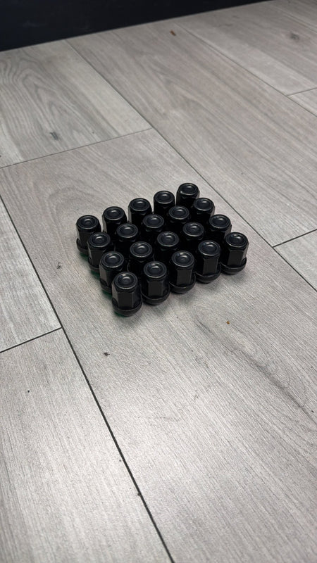 M12x1.5 black short hex wheel nuts, pack of 20 – actual in-stock item