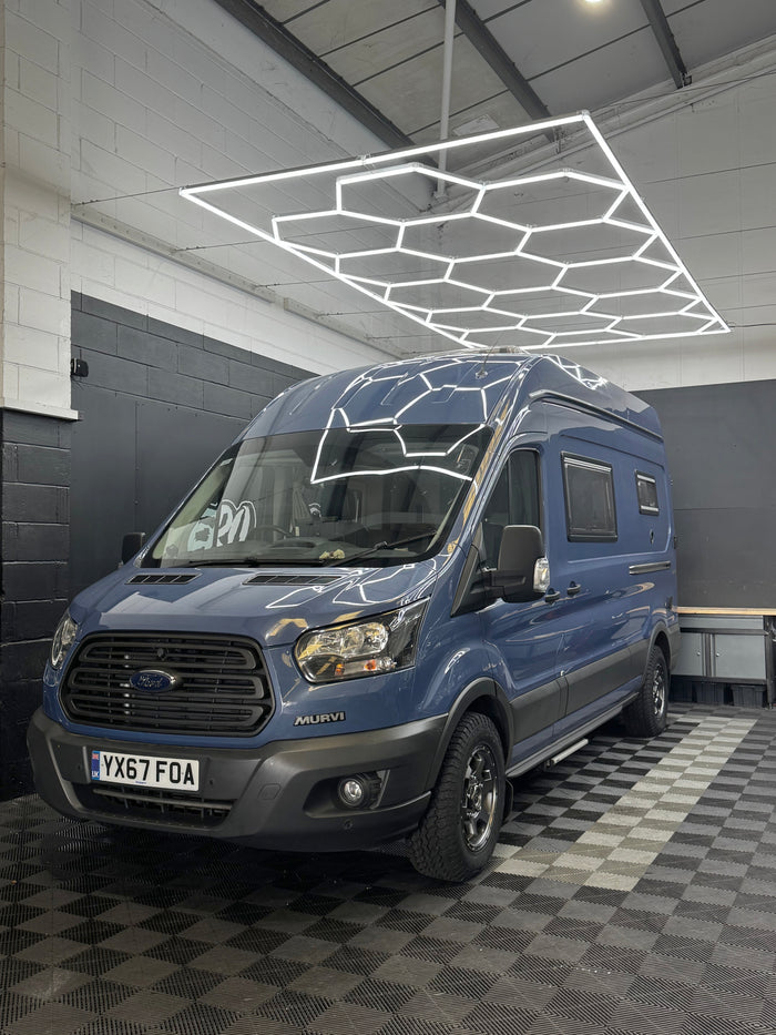 Ford Transit (MK8) Murvi campervan with new alloy wheels by Aero Elite, front three-quarter view