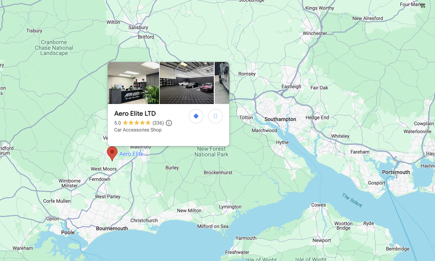 Map of England with a pin on Bournemouth, showing Aero Elite LTD location, a vehicle modification shop.