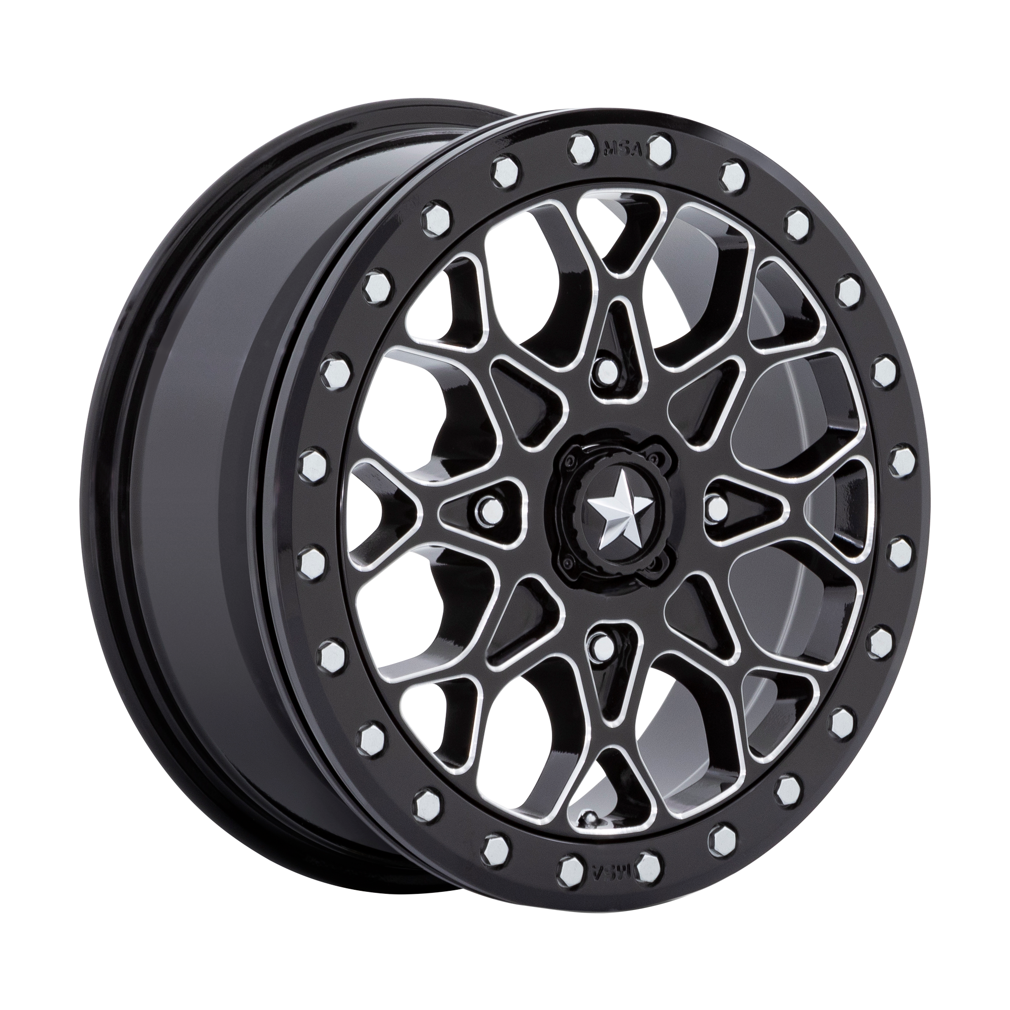 MSA Offroad Wheels M48 PORTAL UTV BEADLOCK 15x6 ET38 4x110 Gloss Black Milled w/ Gloss Black Ring