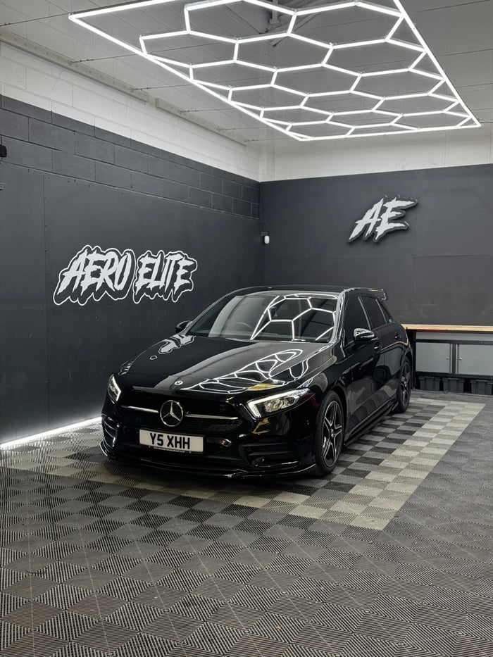 Mercedes A-Class W177 front three-quarter after splitter and side skirts fitted
