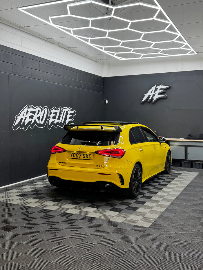 Mercedes A35 W177 rear three-quarter hero shot with new roof spoiler
