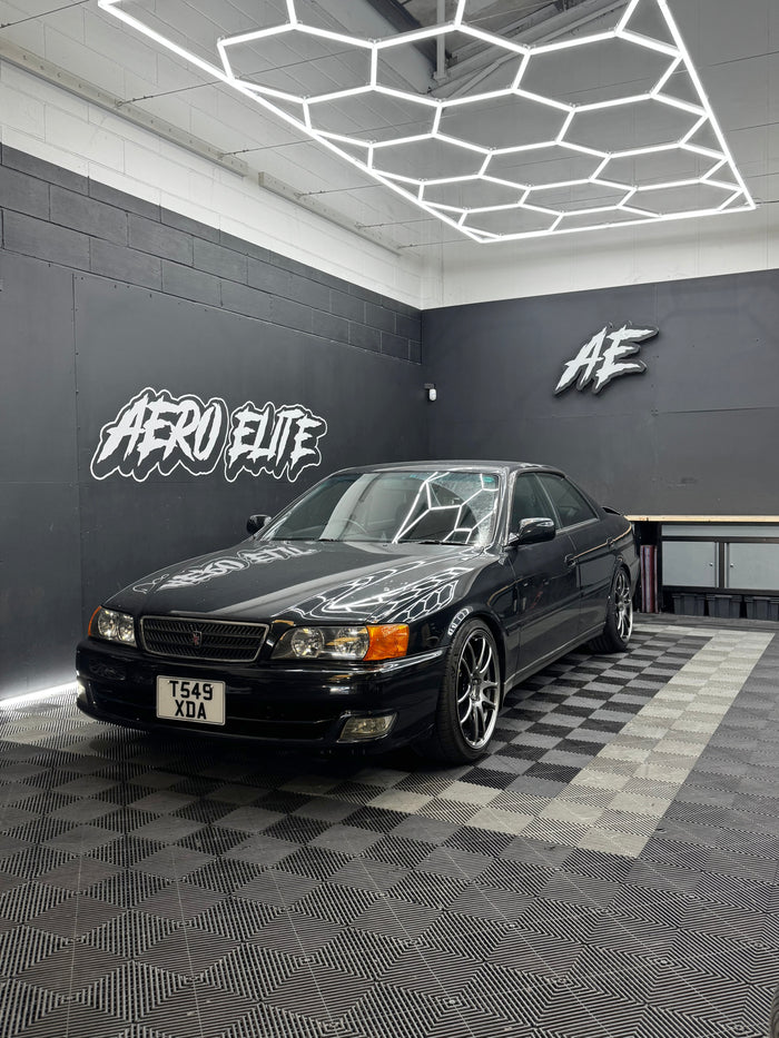 Toyota Chaser JZX100 front three-quarter view after suspension and wheel upgrade