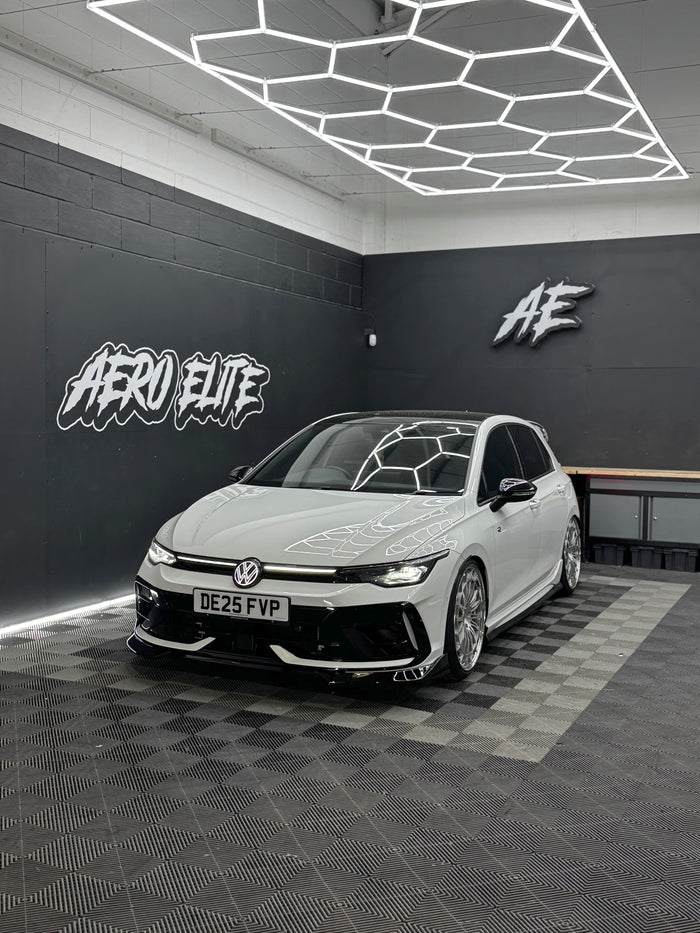 Volkswagen Golf R MK8 front three-quarter hero shot with full bodykit and lowered suspension