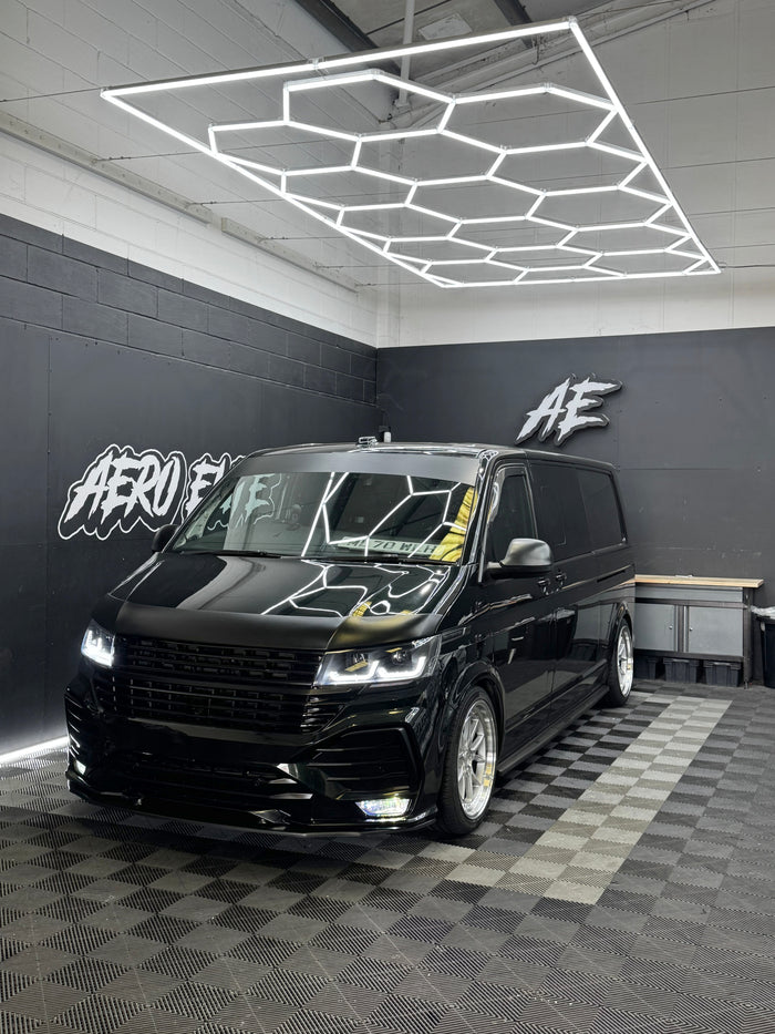 Volkswagen Transporter T6 after new alloy wheel fitment by Aero Elite, front three-quarter view