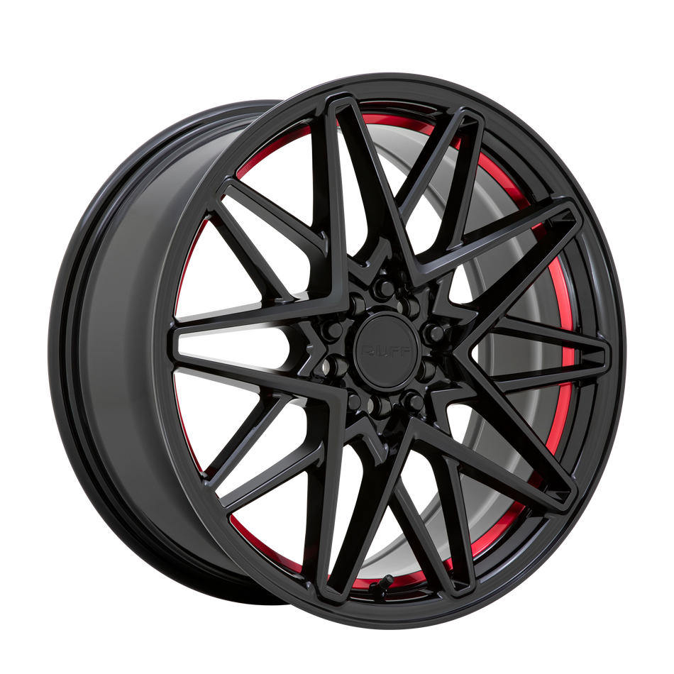 Ruff CLUTCH 18x8 ET38 5x108, 5x114.3 GLOSS BLACK W/ MACHINED RED INNER LIP