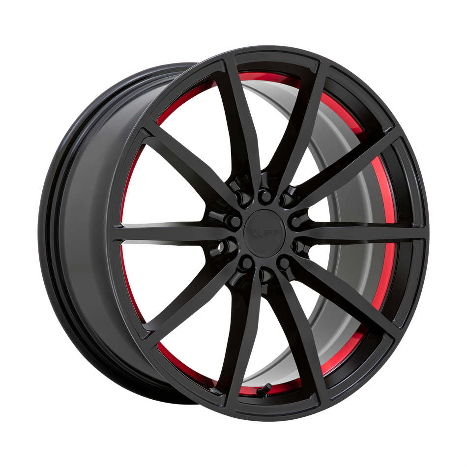 Ruff BURNOUT 18x8 ET38 5x108, 5x114.3 GLOSS BLACK W/ RED INNER LIP