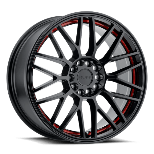 Ruff OVERDRIVE 17x7.5 ET38 5x108, 5x114.3 GLOSS BLACK W/ RED INNER LIP